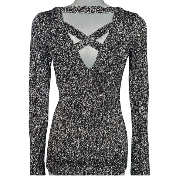 GUESS Black & White Silver Sequin Sweater Shirt Criss Cross Back Women's SZ XS - Picture 1 of 5